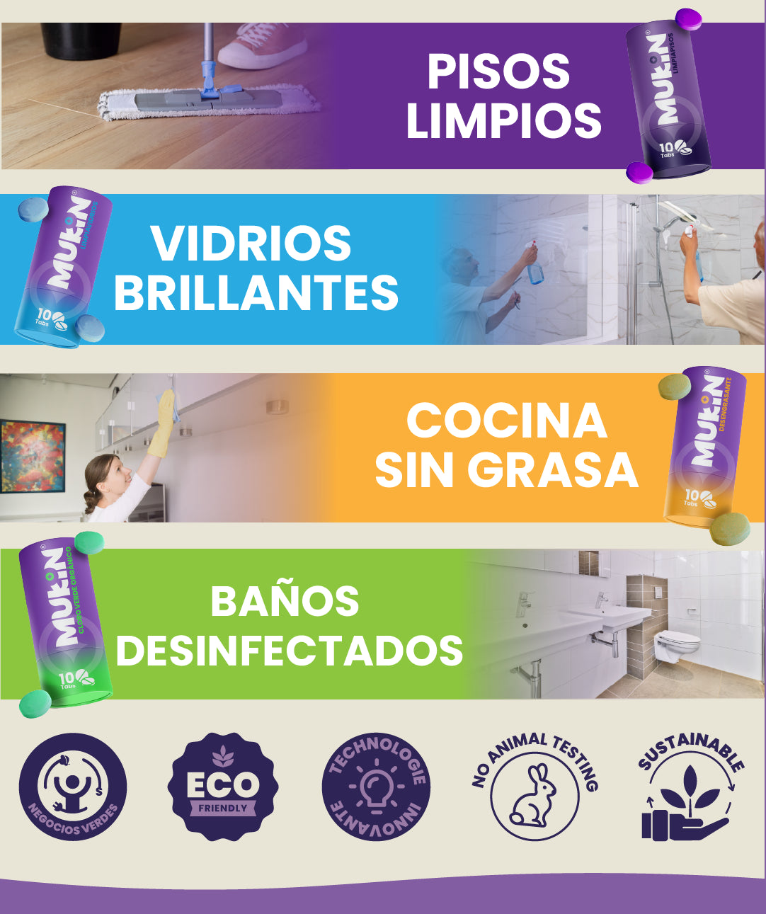 Pisos limpios, vidrios brillantes, cocina sin grasa y baños desinfectados con MUKIN